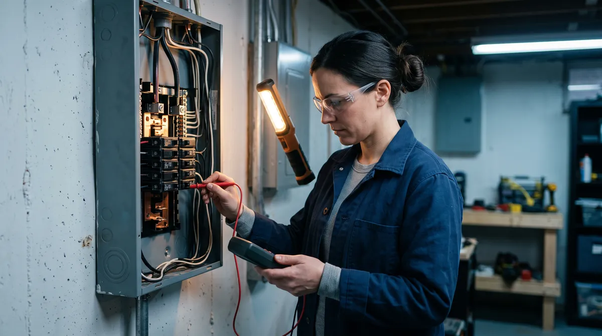 An electrician testing a circuit with a multimeter at an open residential breaker panel.