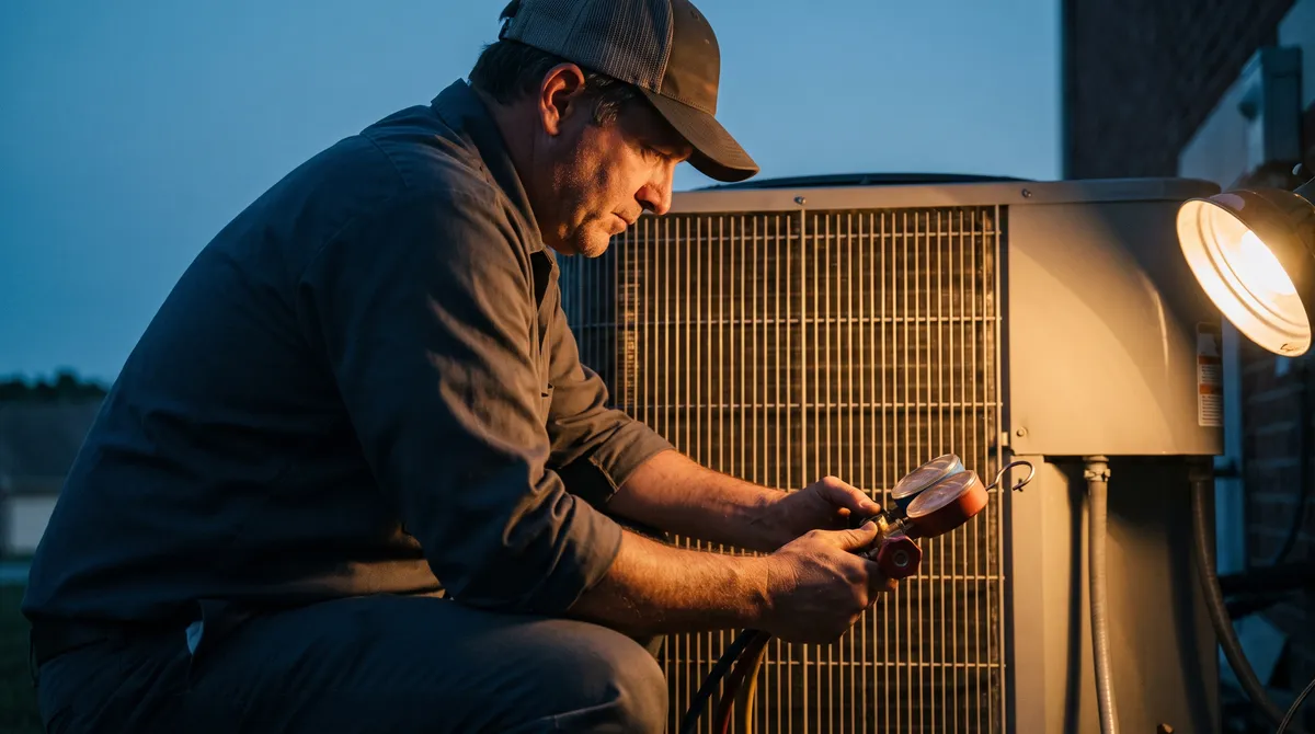 An HVAC technician crouched at an outdoor condenser unit at dusk, checking a gauge by the light of a work lamp.