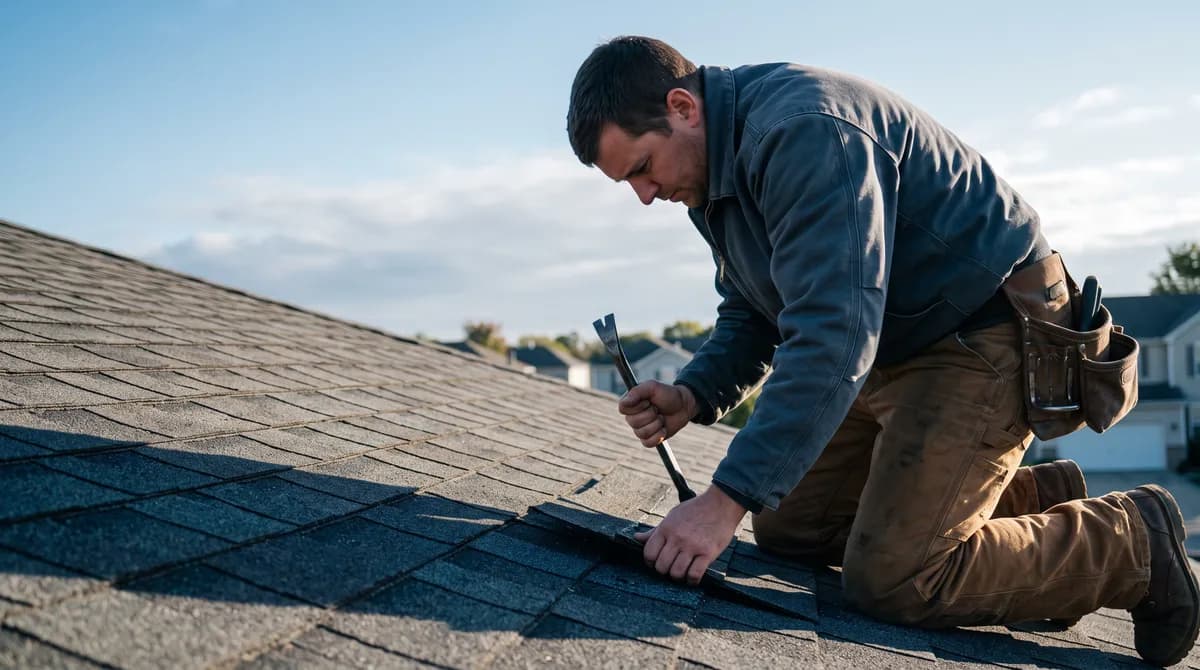 A roofing contractor kneeling on a shingle roof in morning light, lifting a damaged shingle with a pry bar.