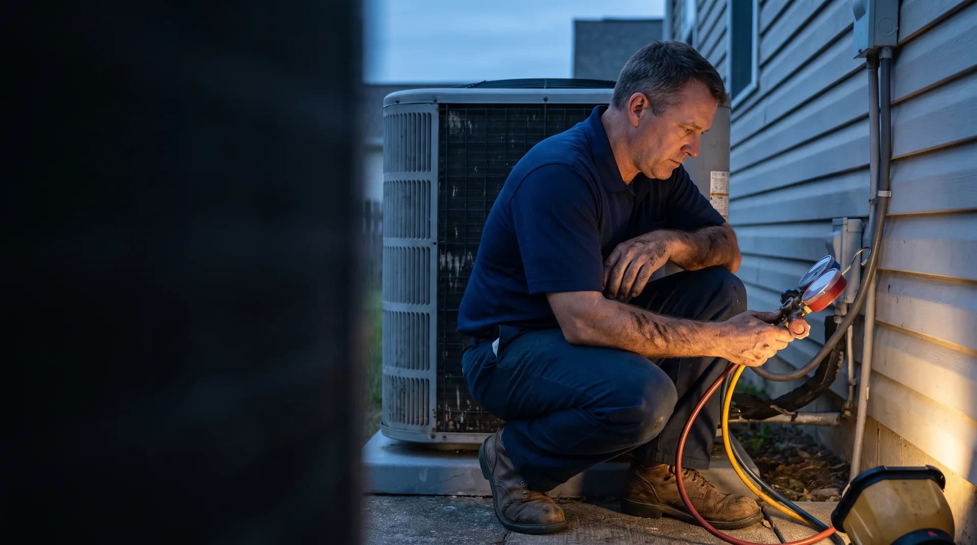 An HVAC technician crouched beside an outdoor condenser unit at dusk, checking pressure on a gauge manifold by the light of a work lamp.